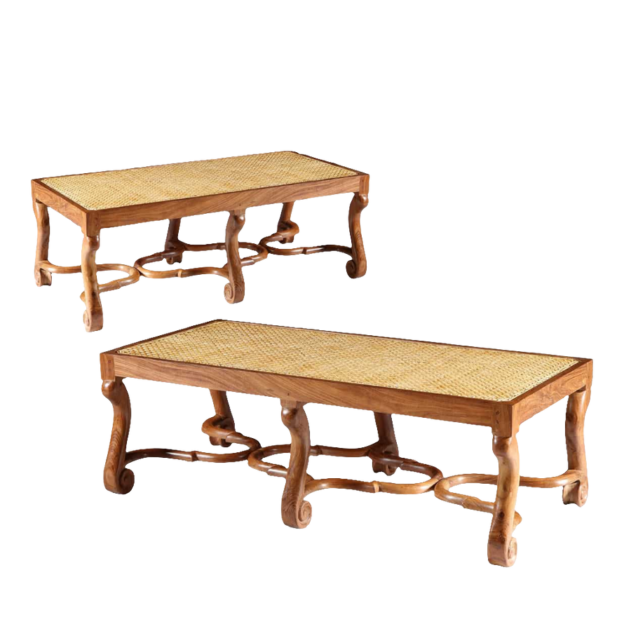 Pair of traditional Walnut long caned benches with shaped legs and Jacobean stretchers by Collection EE30
