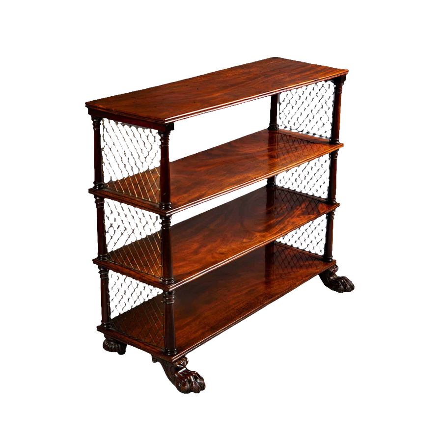 Regency flame mahogany shelf set with brass wire panels and castors by Collection CK20 in classic English style.