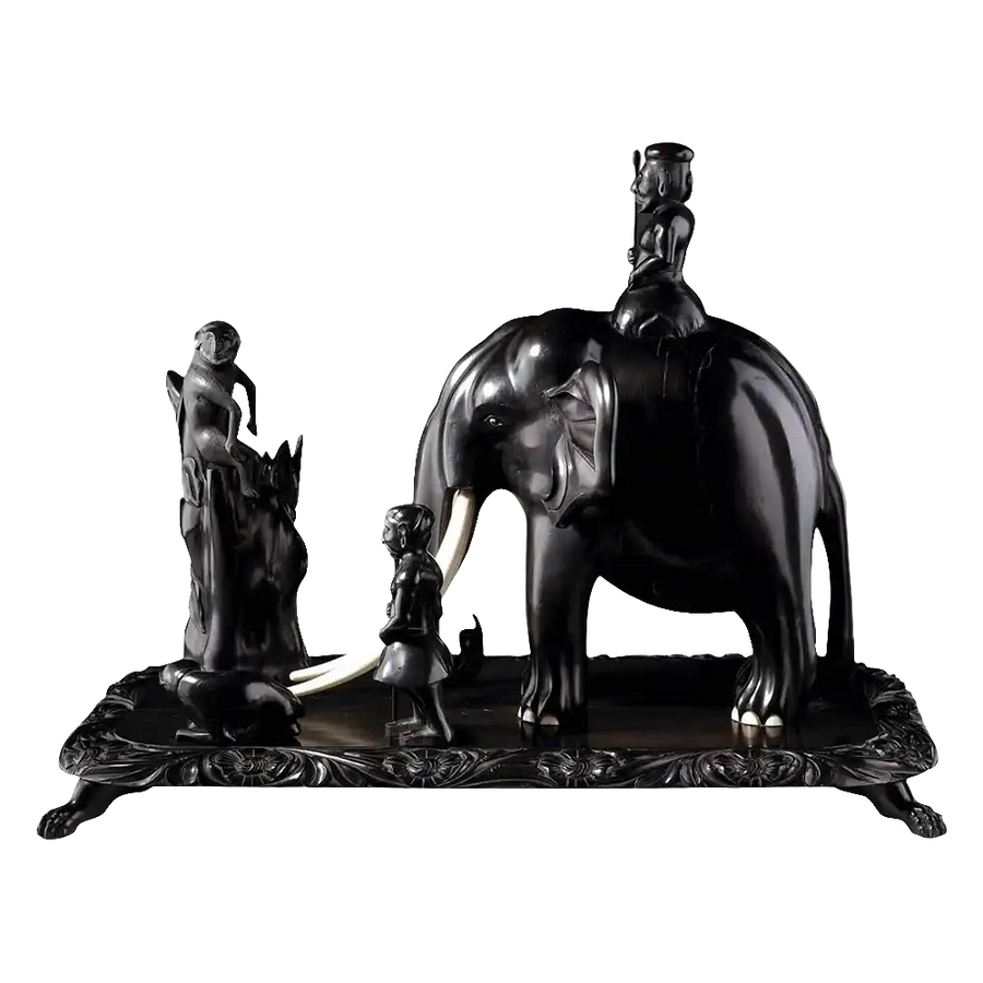 19th century Anglo Indian carved ebony elephant group with mahouts and monkey on tree by Nicholas Wells Antiques