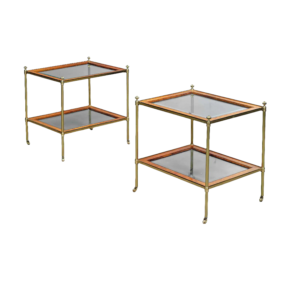 Pair of Mallett End Tables with two-tier glass tops, mahogany borders, and polished brass legs and sides.