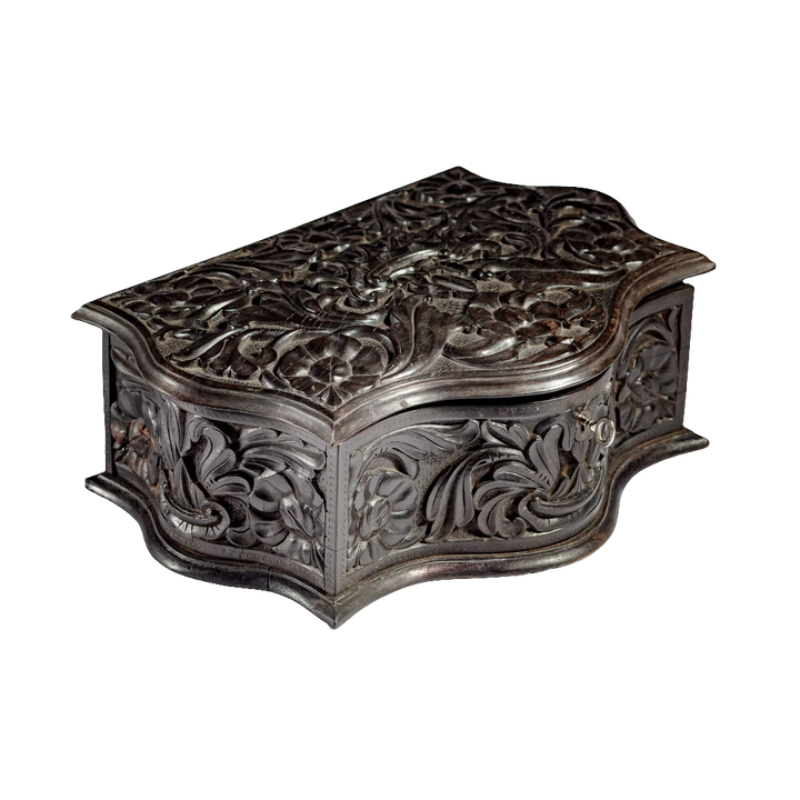 Mid 19th century carved ebony workbox with intricate floral details by Nicholas Wells Antiques, Southern Ceylon circa 1850