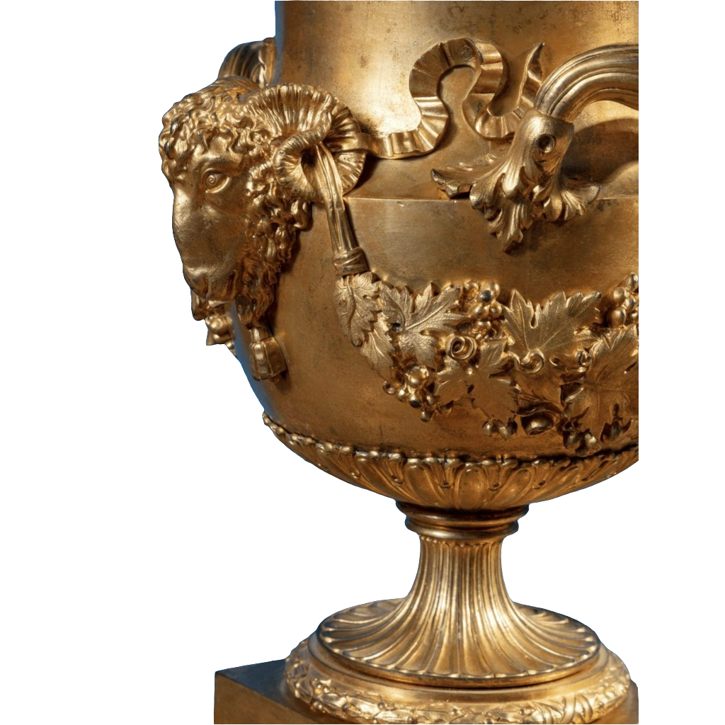 Restauration gilt-bronze vase with rams’ heads and grapevine swags on a gadrooned socle by Collection EE20