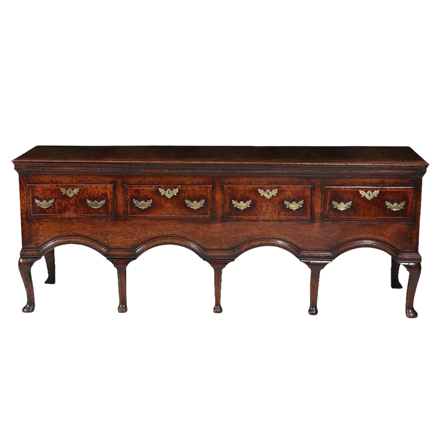 Early Georgian Oak Sideboard with brass handles, cabriole legs, flat oak top, circa 1720, elegant 18th-century design.