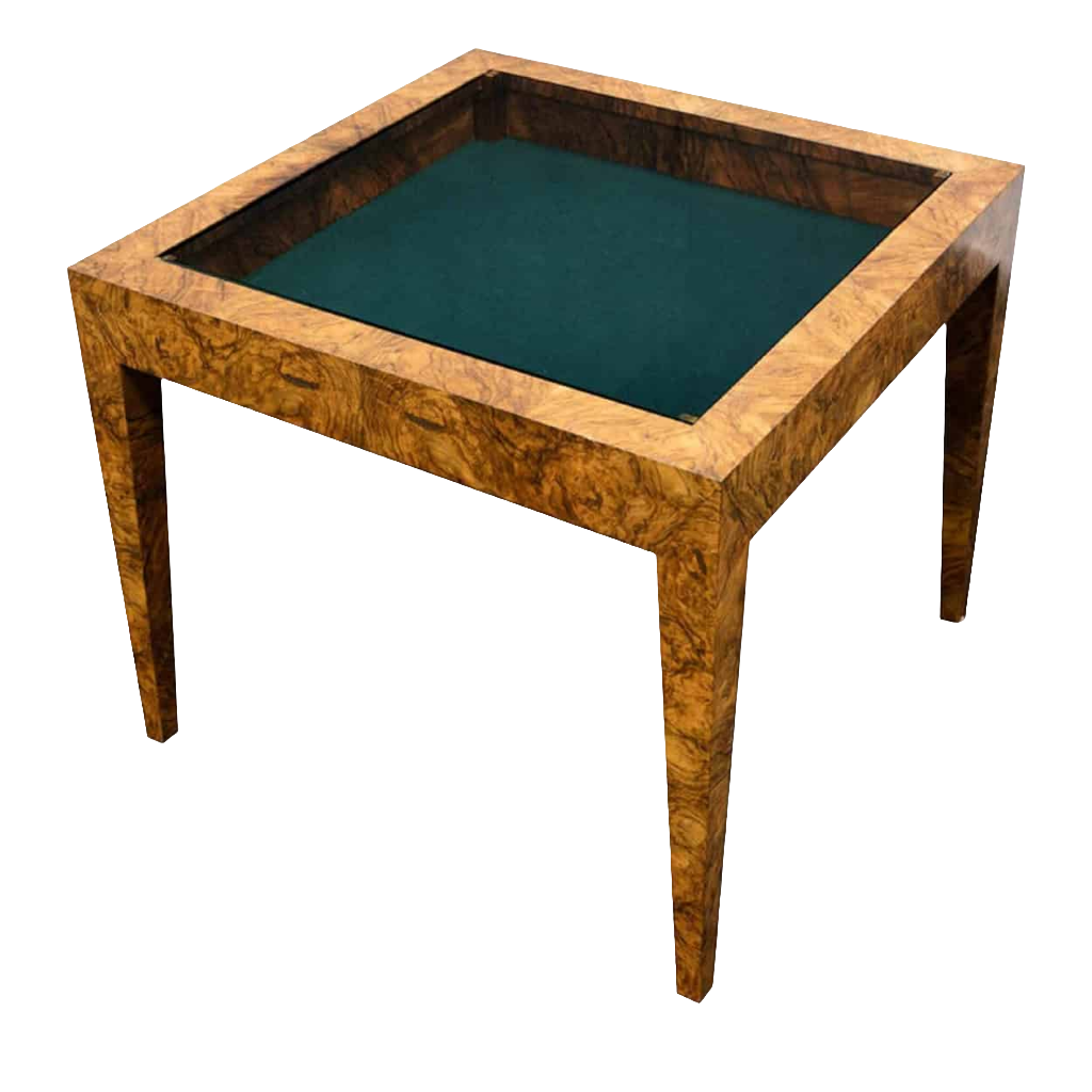 Figured Art Deco Walnut Vitrine Display Table with glass top and green baize cushioned interior on tapering legs.