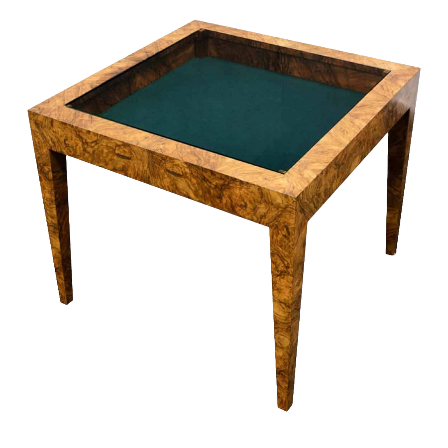 Figured Art Deco Walnut Vitrine Display Table with glass top and green baize cushioned interior on tapering legs.
