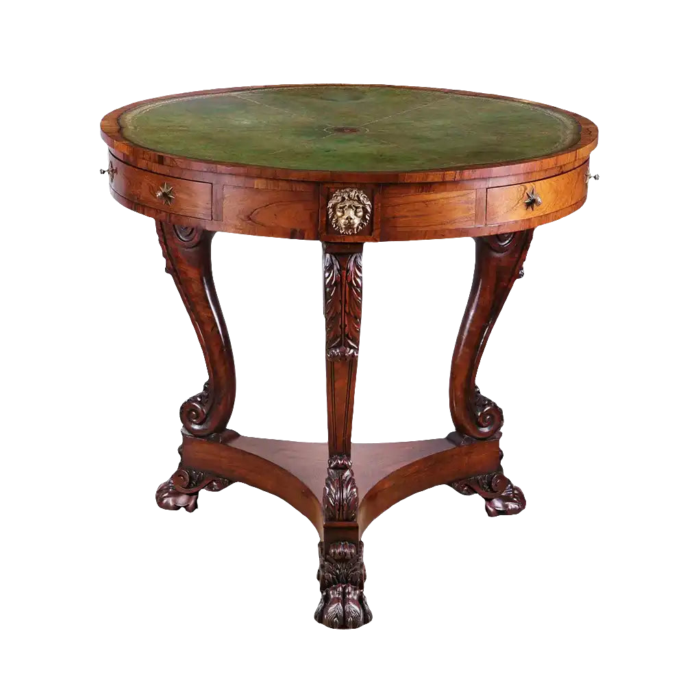 Regency Rosewood Drum Table with scalloped leather top, three drawers with brass star handles, and paw feet.