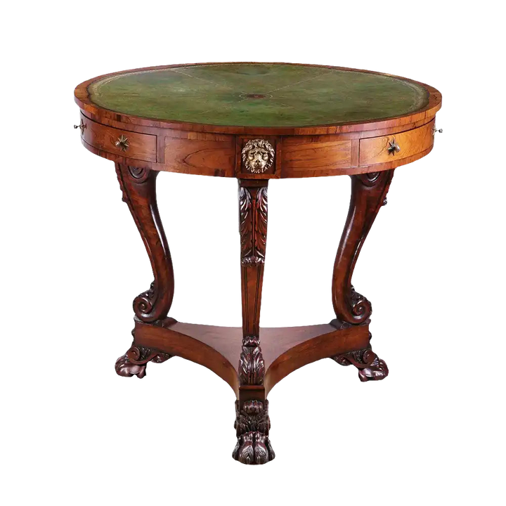 Regency Rosewood Drum Table with scalloped leather top, three drawers with brass star handles, and paw feet.