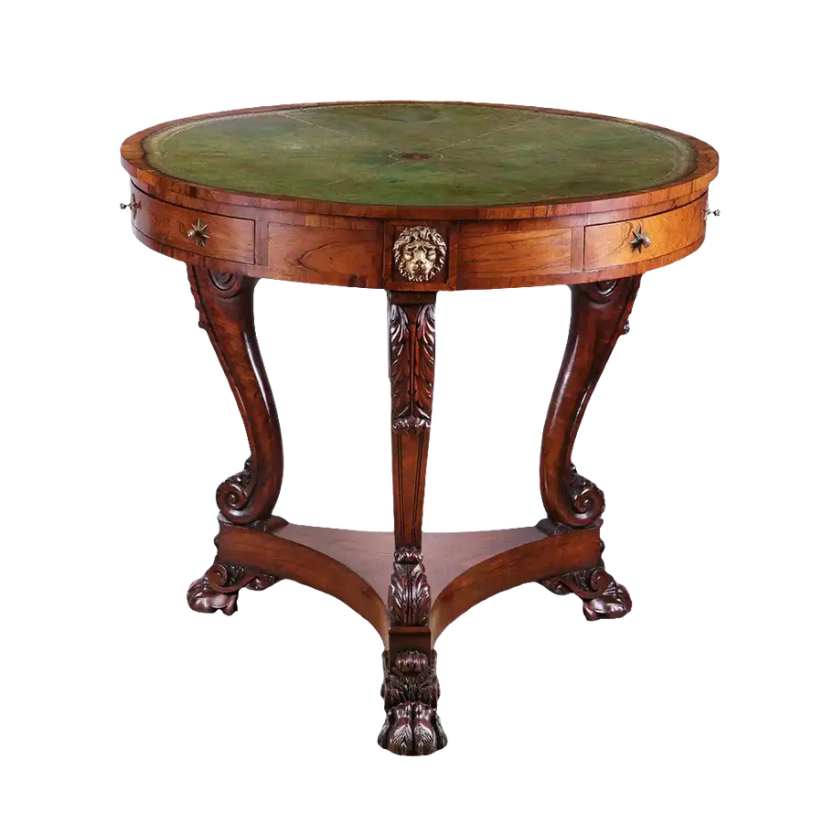 Regency Rosewood Drum Table with scalloped leather top, three drawers with brass star handles, and paw feet.