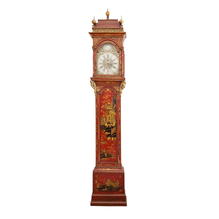 Austin of Shoreditch grandfather clock with red japanned chinoiserie design by Collection TH20, circa 1720 England