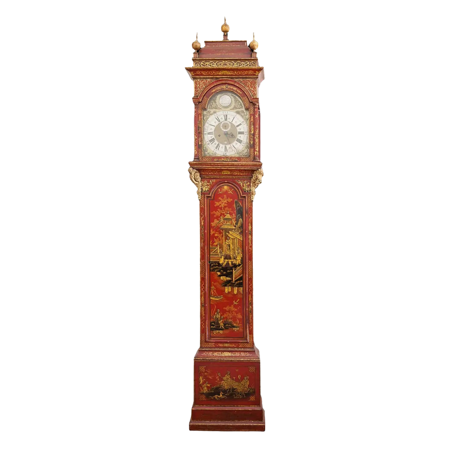 Austin of Shoreditch grandfather clock with red japanned chinoiserie design by Collection TH20, circa 1720 England