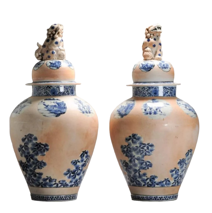 Pair of early 18th century Arita porcelain vases with cobalt blue floral patterns and mythic Temple Lion tops by Collection EE20