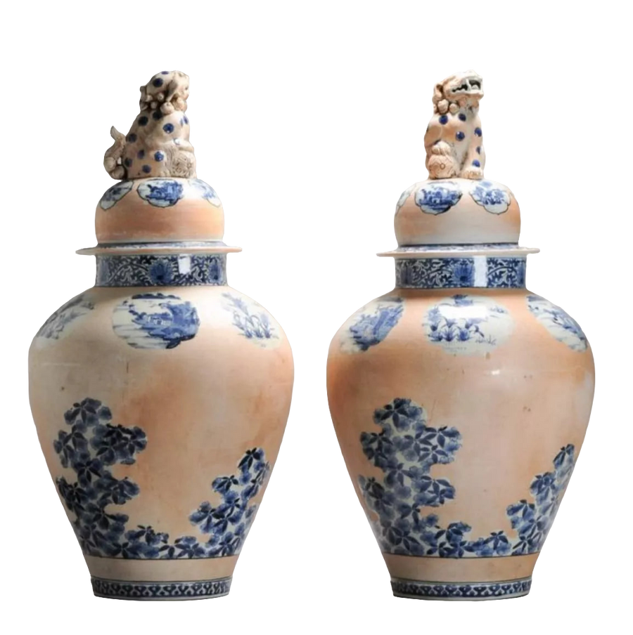 Pair of early 18th century Arita porcelain vases with cobalt blue floral patterns and mythic Temple Lion tops by Collection EE20