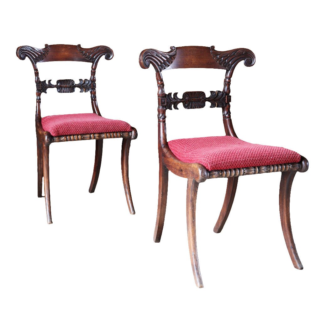 Pair of Regency side chairs with carved mahogany frames and red upholstered seats by Collection EE30
