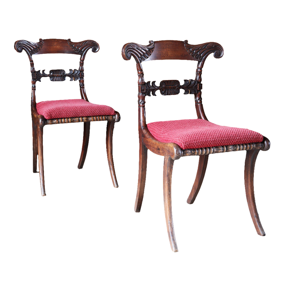 Pair of Regency side chairs with carved mahogany frames and red upholstered seats by Collection EE30