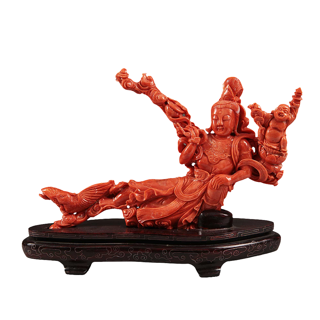 Chinese carved precious coral group reclining figure of Guanyin with attendants by Nicholas Wells Antiques