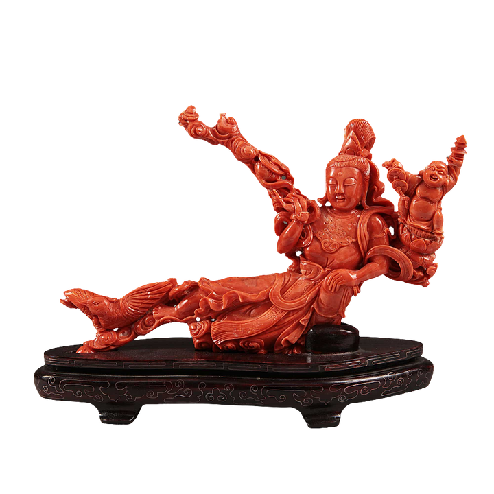 Chinese carved precious coral group reclining figure of Guanyin with attendants by Nicholas Wells Antiques