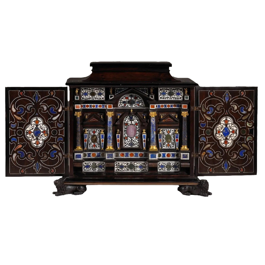17th century Italian Baroque cabinet with lapis lazuli and agate inlays, ebony exterior by Nicholas Wells Antiques