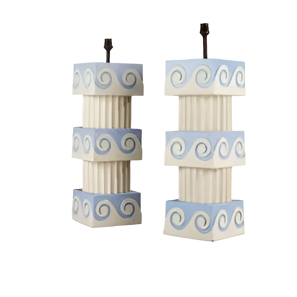 A Pair of Vitruvian Scroll Column Lamps with fluted wooden columns and blue scroll ornament cubes.