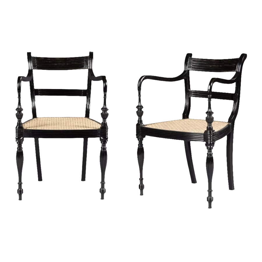 Pair of Anglo-Ceylonese ebony open armchairs with hand-caning, circa 2000, available from The Sold Archive.