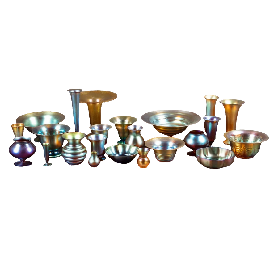 Collection TH20 23-piece set of Art Deco WMF Myra iridescent glass bowls and vases with vibrant shimmer and elegant shapes