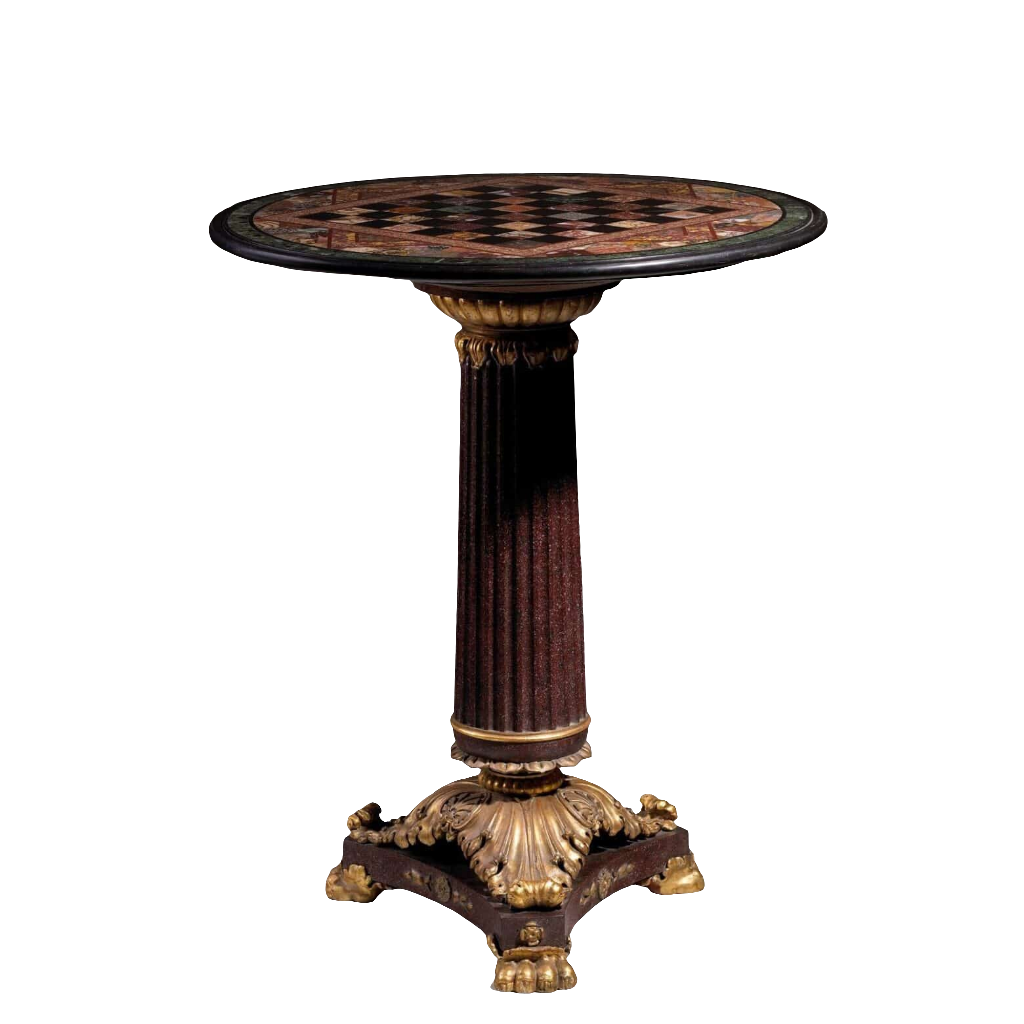 Specimen Marble Gueridon with early 19th-century marble top, fluted faux porphyry column, and giltwood base.