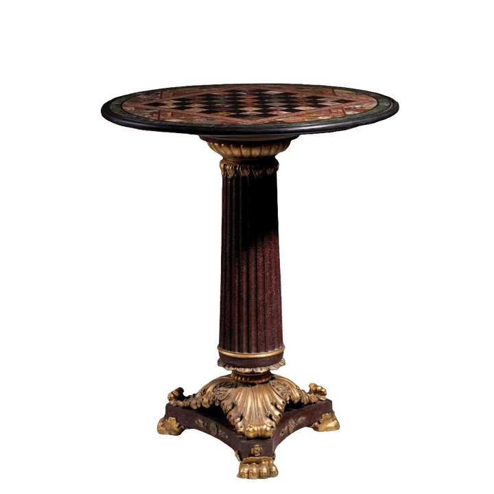 Specimen Marble Gueridon with early 19th-century marble top, fluted faux porphyry column, and giltwood base.