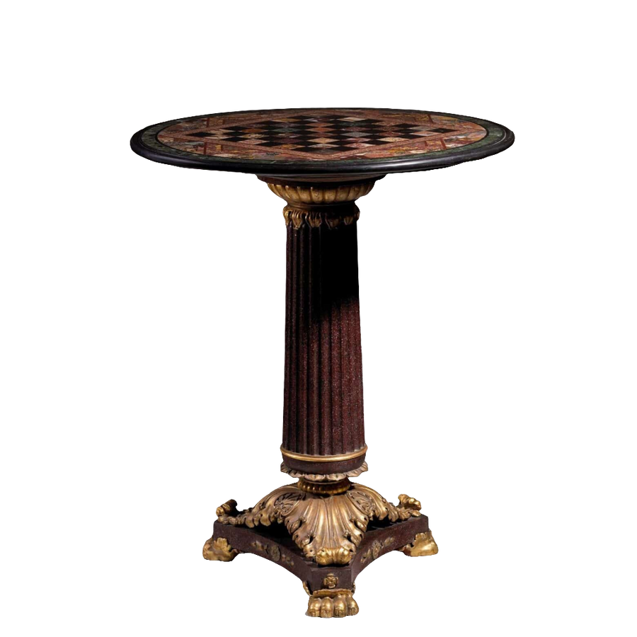 Specimen Marble Gueridon with early 19th-century marble top, fluted faux porphyry column, and giltwood base.