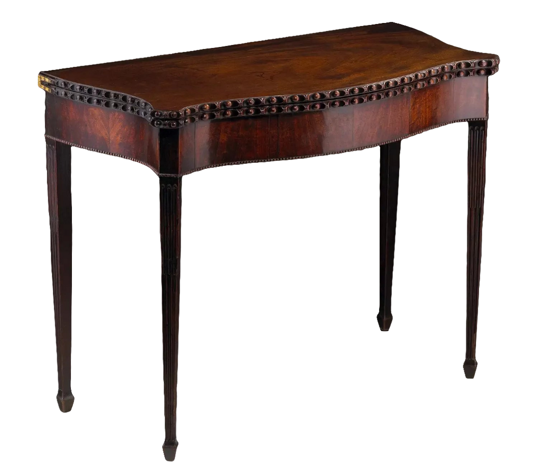 George III Serpentine Mahogany Card Table with egg-and-dart moulded top, fluted legs, and baize-lined interior, circa 1760.