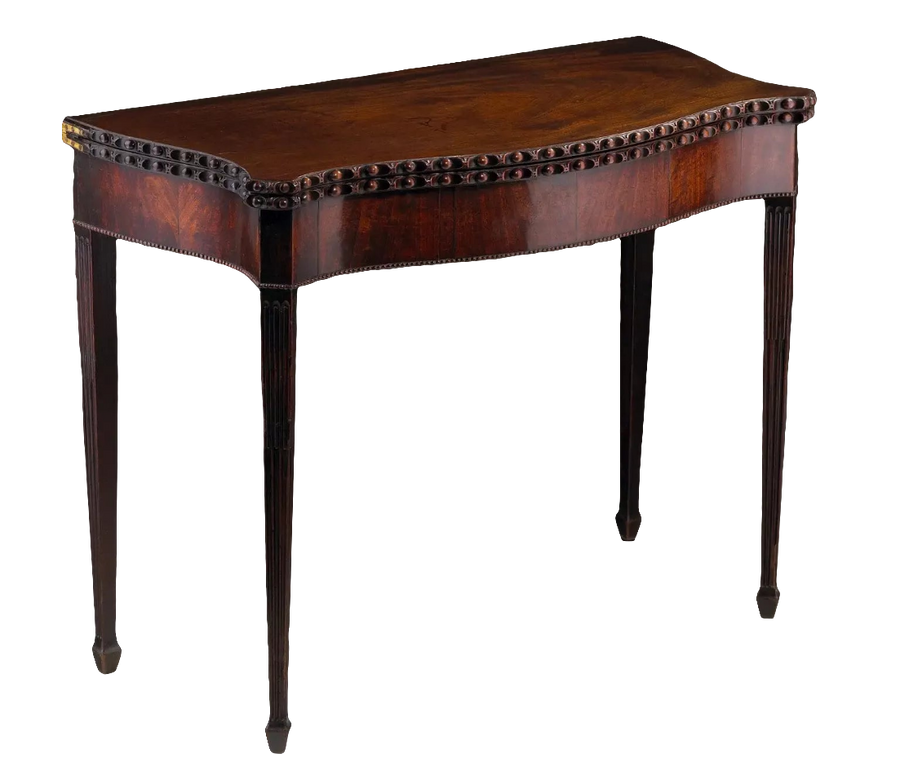 George III Serpentine Mahogany Card Table with egg-and-dart moulded top, fluted legs, and baize-lined interior, circa 1760.