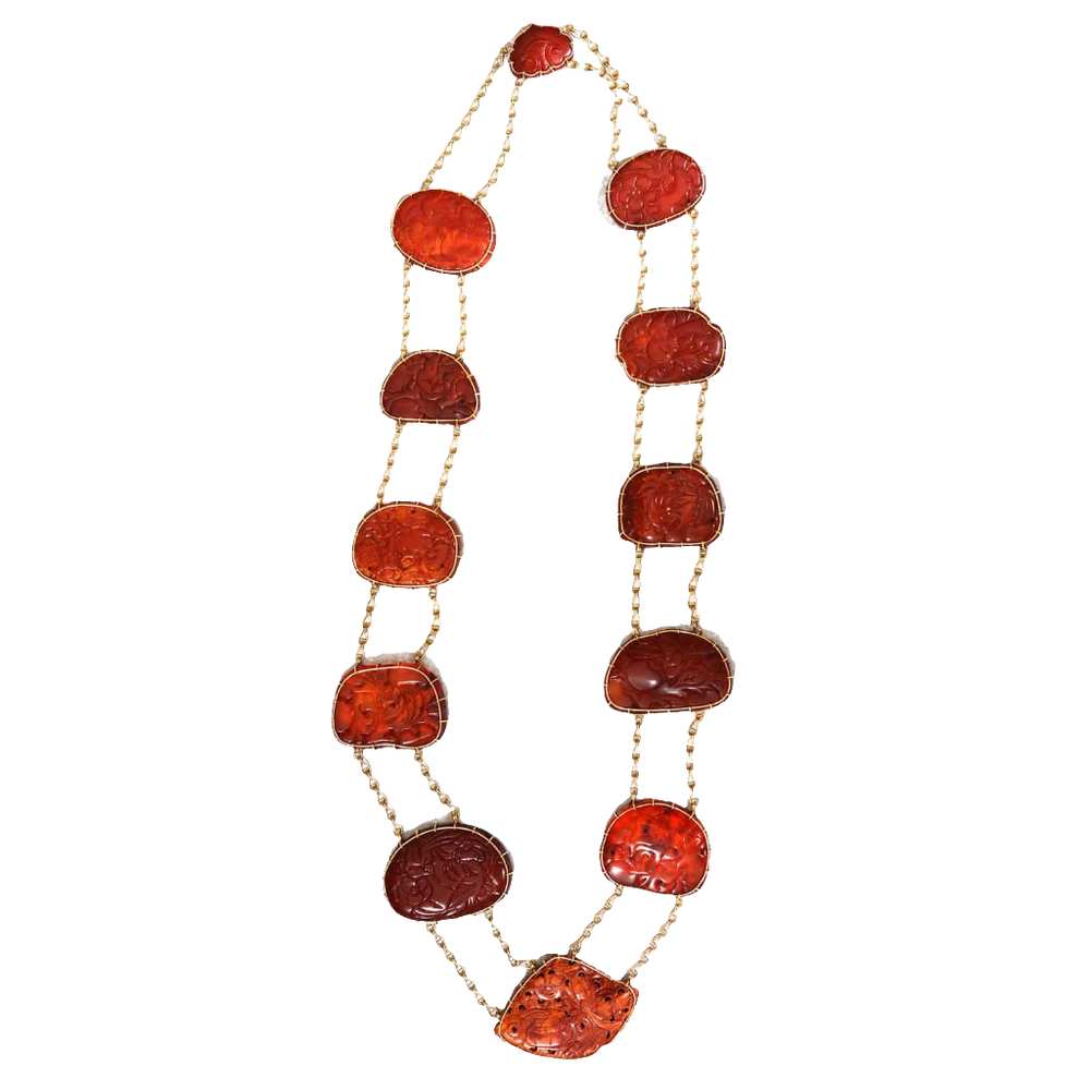 Chinese carved amber gold mounted necklace by Nicholas Wells Antiques with intricate vintage designs circa 1880.