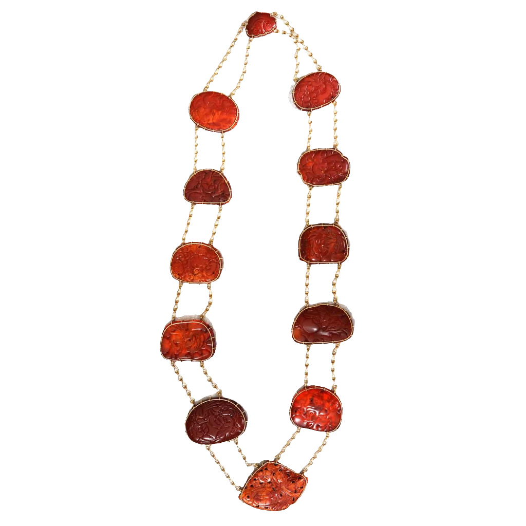 Chinese carved amber gold mounted necklace by Nicholas Wells Antiques with intricate vintage designs circa 1880.