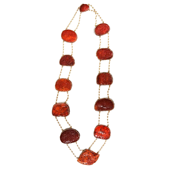 Chinese carved amber gold mounted necklace by Nicholas Wells Antiques with intricate vintage designs circa 1880.