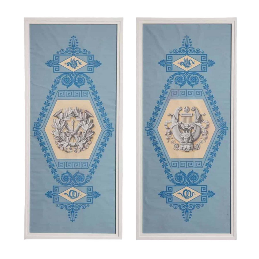 A pair of Charles X papier peint panels with Neoclassical martial motifs on blue ground by Collection TH20.