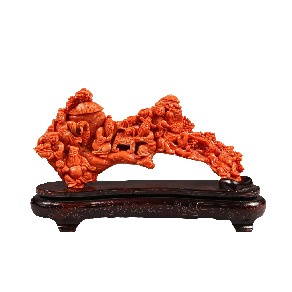 Late 19th century Chinese precious coral carving of characters at leisure, displayed on carved wooden stand by Nicholas Wells Antiques