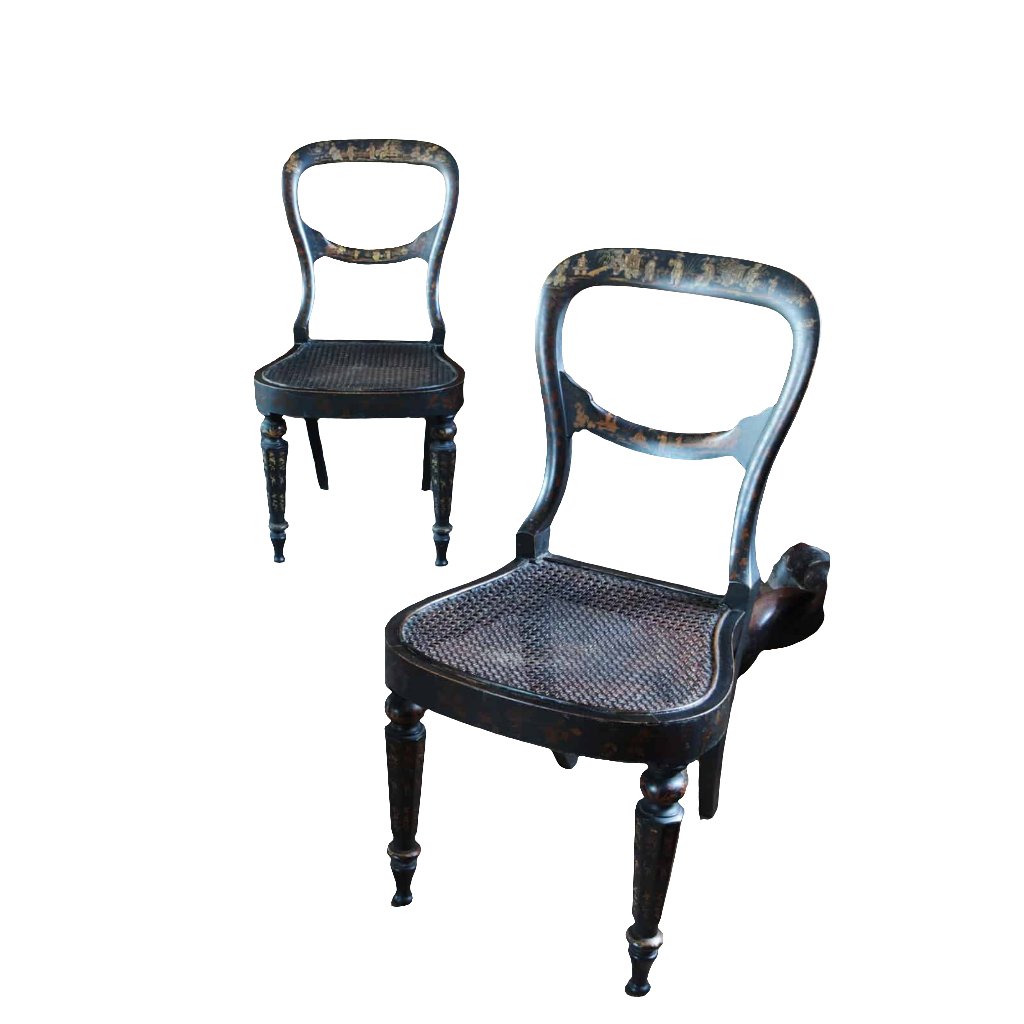 Pair of black japanned side chairs with cane seats and carved legs, eighteenth-century British style by Collection EE30