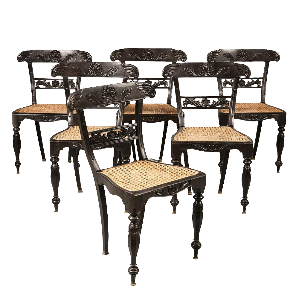 Set of six Anglo Indian ebony side chairs with carved foliate details and caned seats by Collection EE30