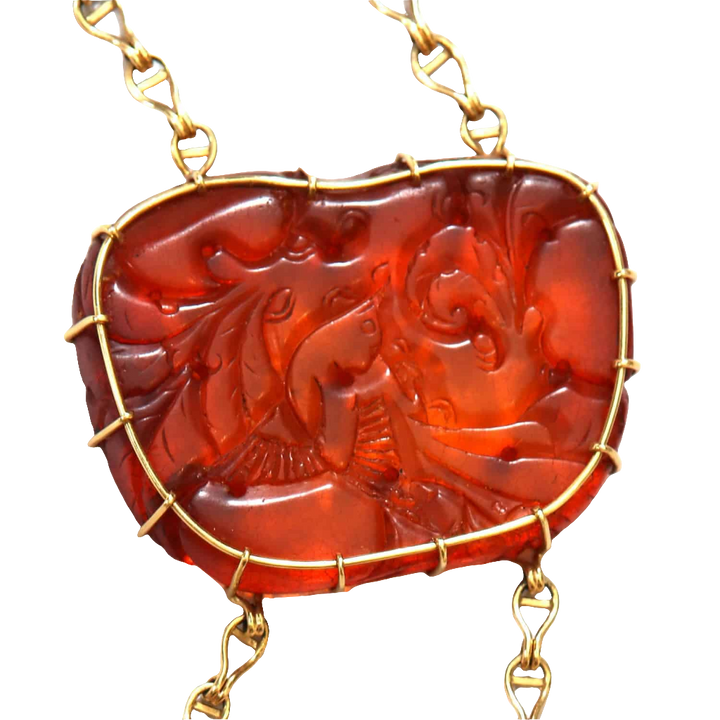 Chinese carved amber necklace with gold mount, antique design circa 1880, offered by Nicholas Wells Antiques