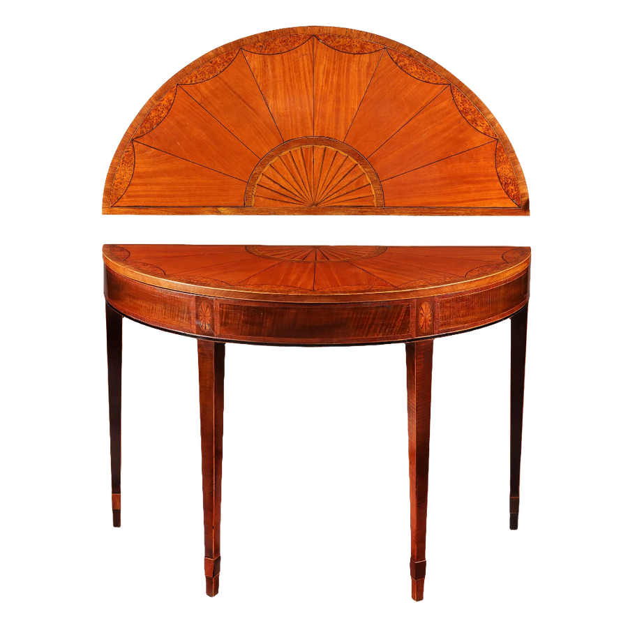 George III Irish Demi Lune Card Table with satinwood fan inlay and tapered legs, late 18th century Irish furniture.