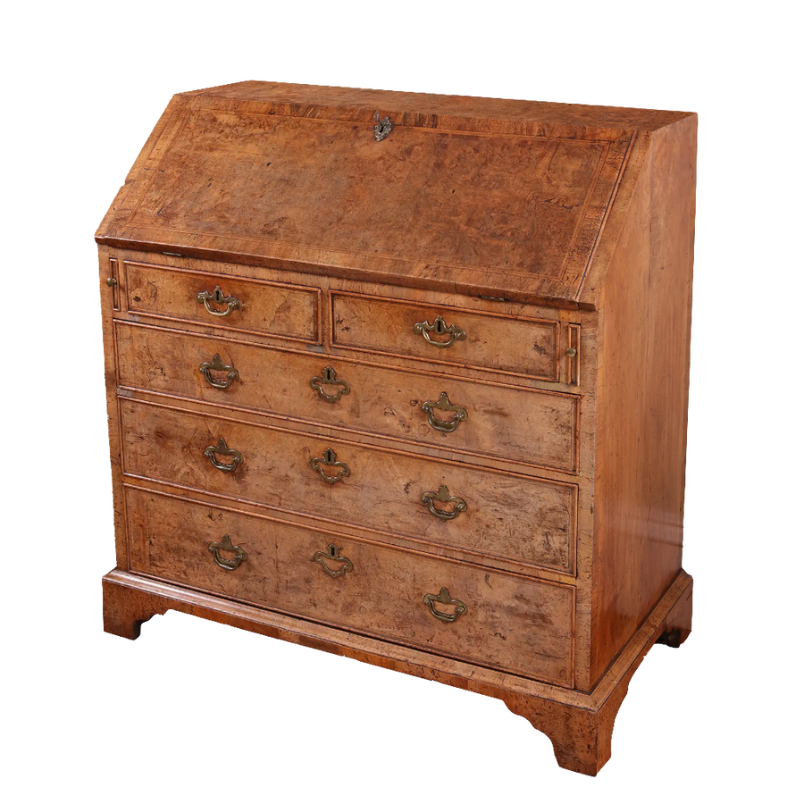 Ham House George I burr walnut bureau with brass fittings by Nicholas Wells Antiques, early 18th-century English cabinet.