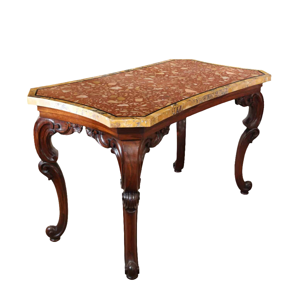 William IV Rosewood and marble centre table with carved eared legs and Siena marble top, circa 1850 England.