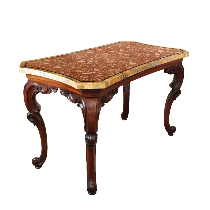 William IV Rosewood and marble centre table with carved eared legs and Siena marble top, circa 1850 England.