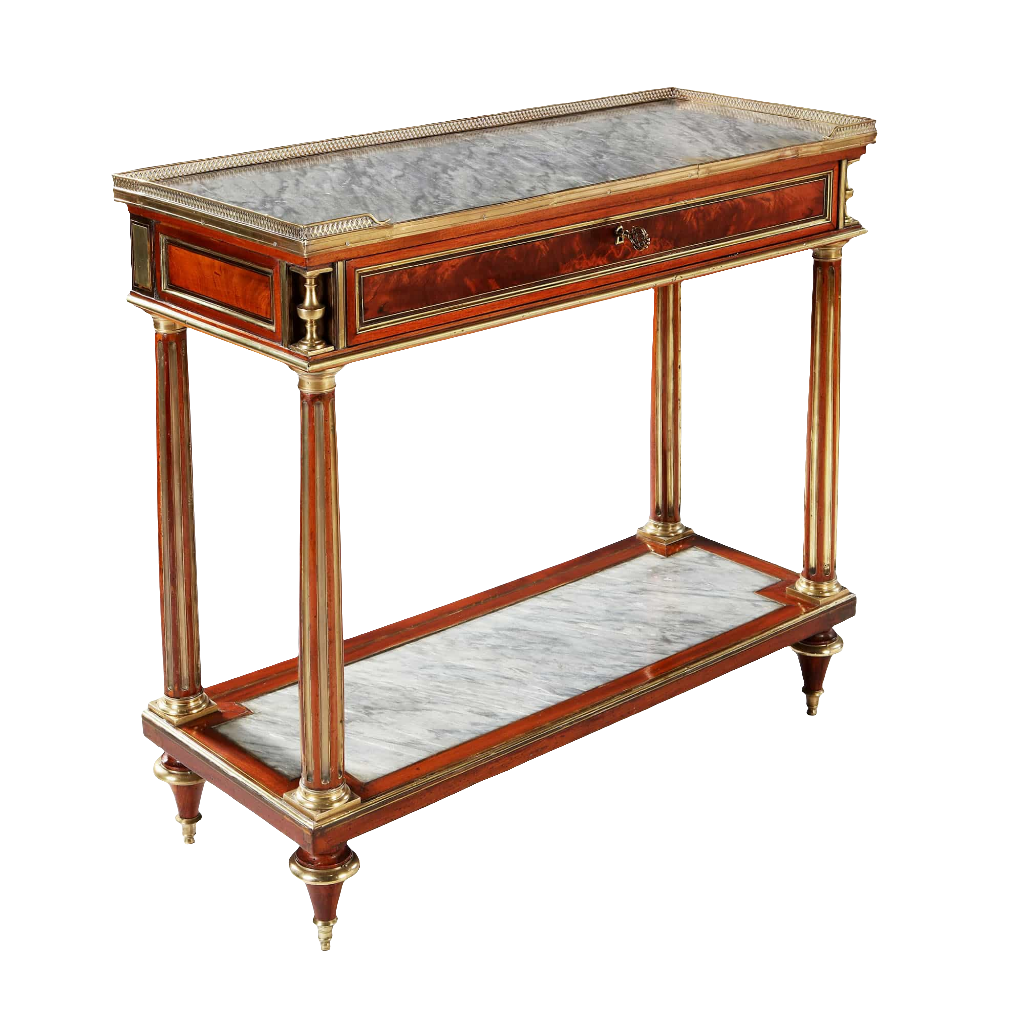 Late 18th century Louis XVI French Console Dessert with Gris St Anne marble, brass details, and flame mahogany veneers.