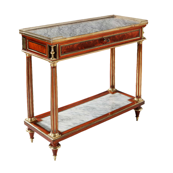 Late 18th century Louis XVI French Console Dessert with Gris St Anne marble, brass details, and flame mahogany veneers.