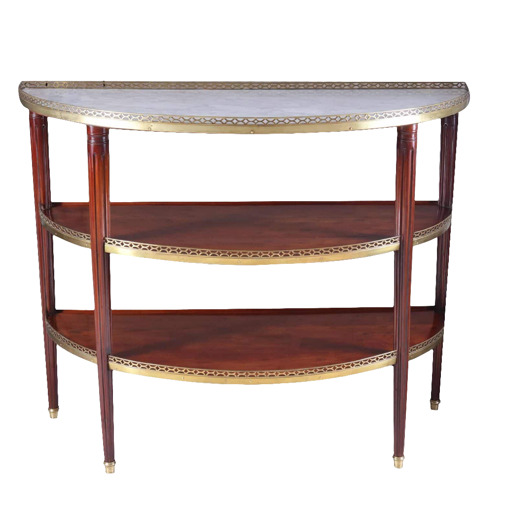 Louis XVI Style Acajou Moucheté Demi Lune Console Desserte with marble top and brass details, circa 1870, France.