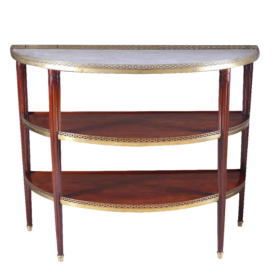 Louis XVI Style Acajou Moucheté Demi Lune Console Desserte with marble top and brass details, circa 1870, France.