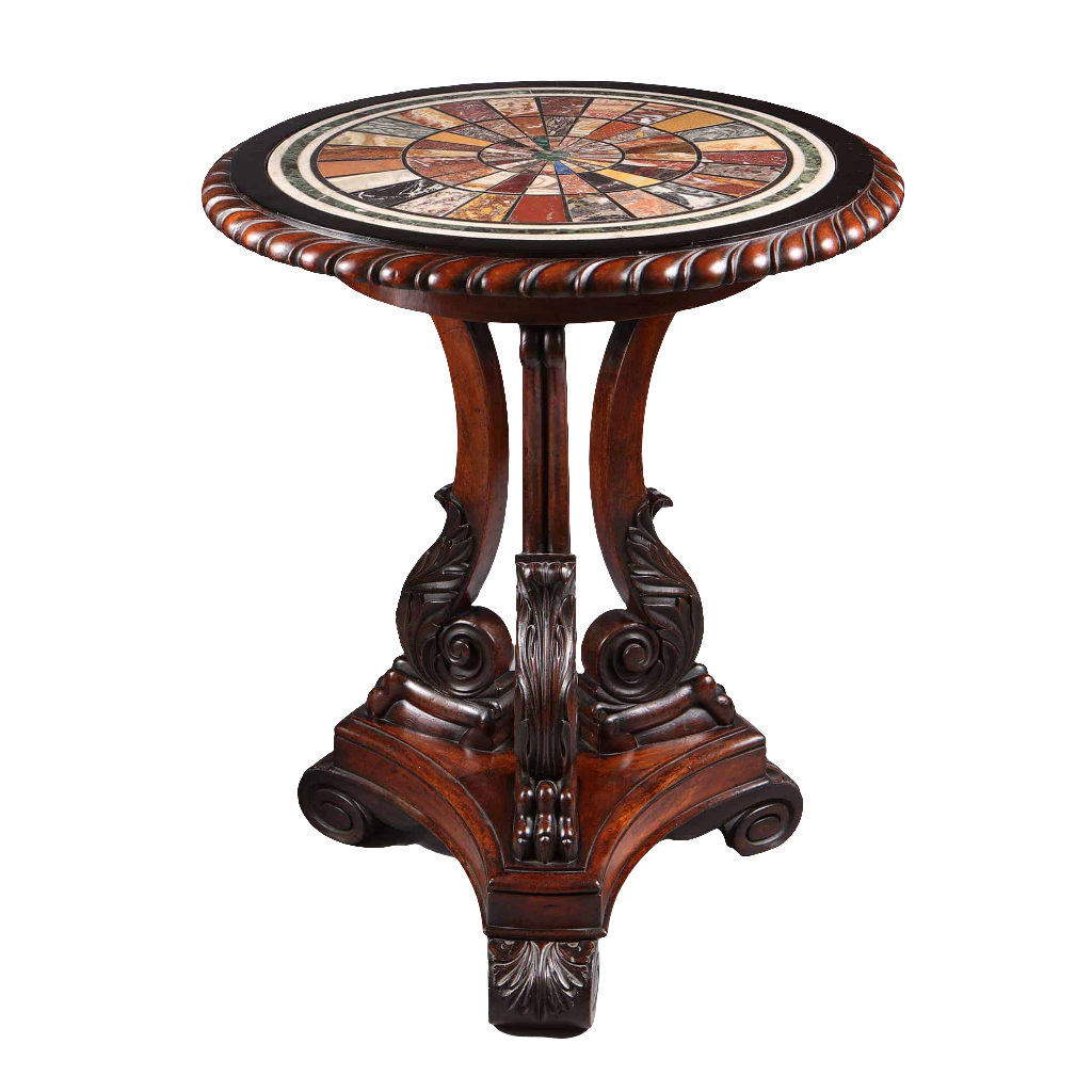Regency Specimen Marble Centre Table with colorful marble top and ornate carved wooden base circa 1820 England.