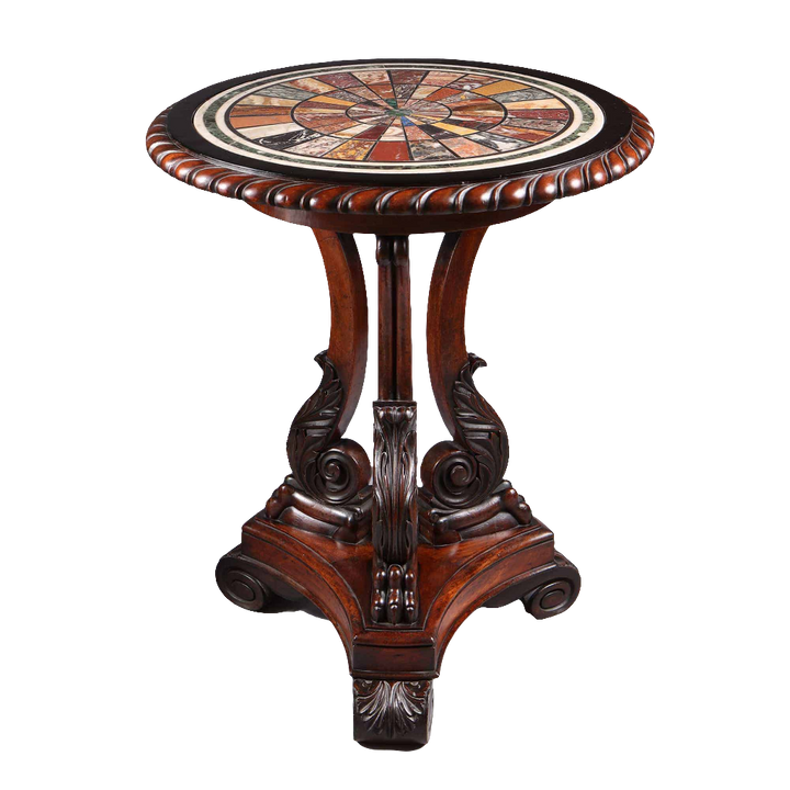Regency Specimen Marble Centre Table with colorful marble top and ornate carved wooden base circa 1820 England.