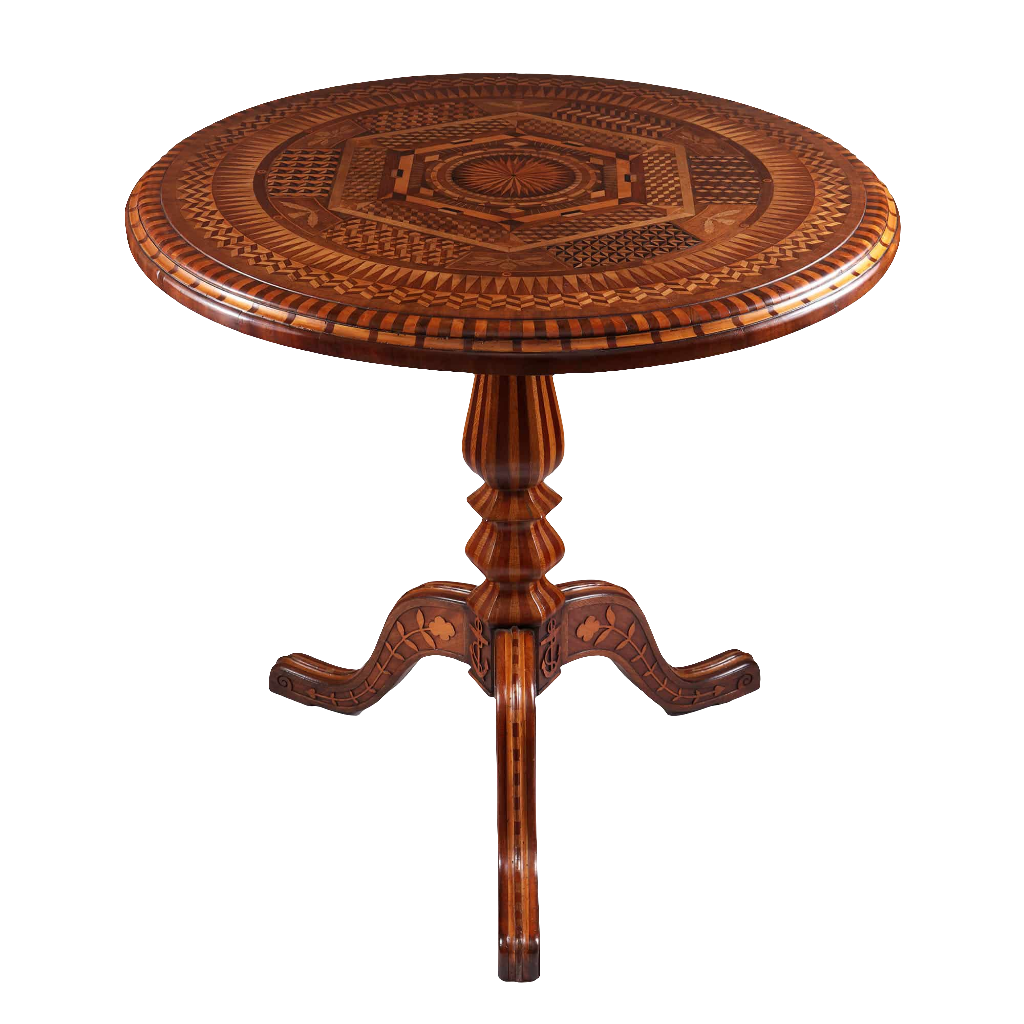 Jamaican Tilt Top Centre Table In the Manner of Ralph Turnbull with intricate mid-19th century parquetry design.