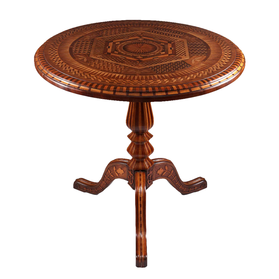 Jamaican Tilt Top Centre Table In the Manner of Ralph Turnbull with intricate mid-19th century parquetry design.