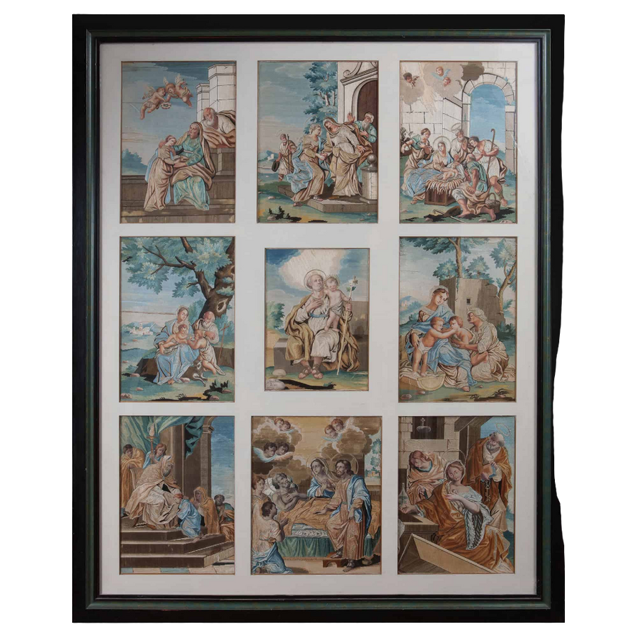Set of nine rare 18th-century silk appliqué New Testament panels by Marianna Elmo, sold by Nicholas Wells Antiques.